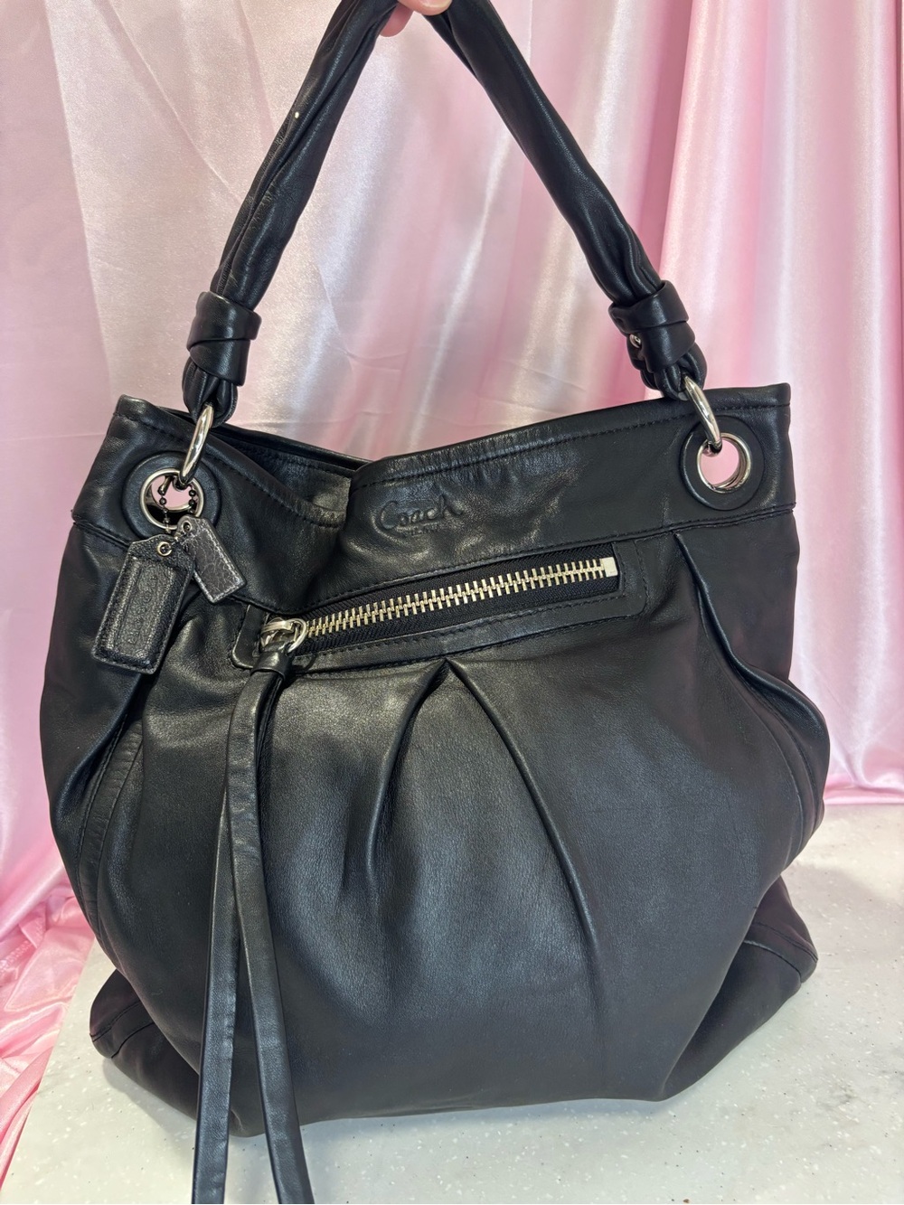 Coach Black Leather Pleated Shoulder Bag